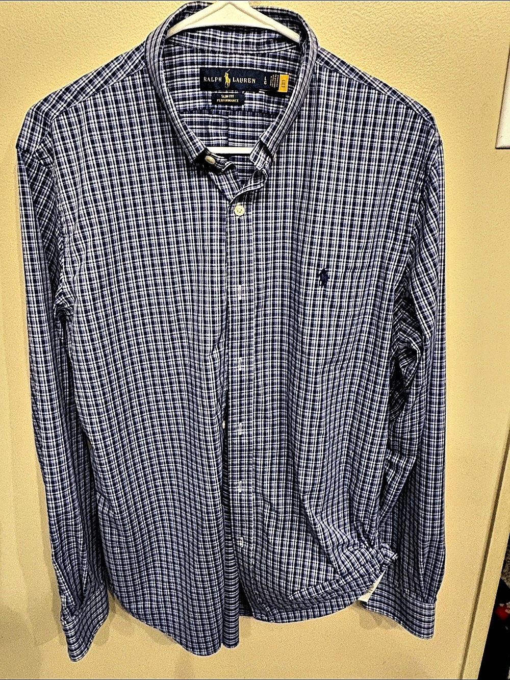 Ralph Lauren Slim Fit Performance Plaid Button Down in Blue & White Large Like